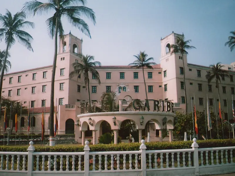 Pink Hotel Caribe with palms in Cartagena, Colombia