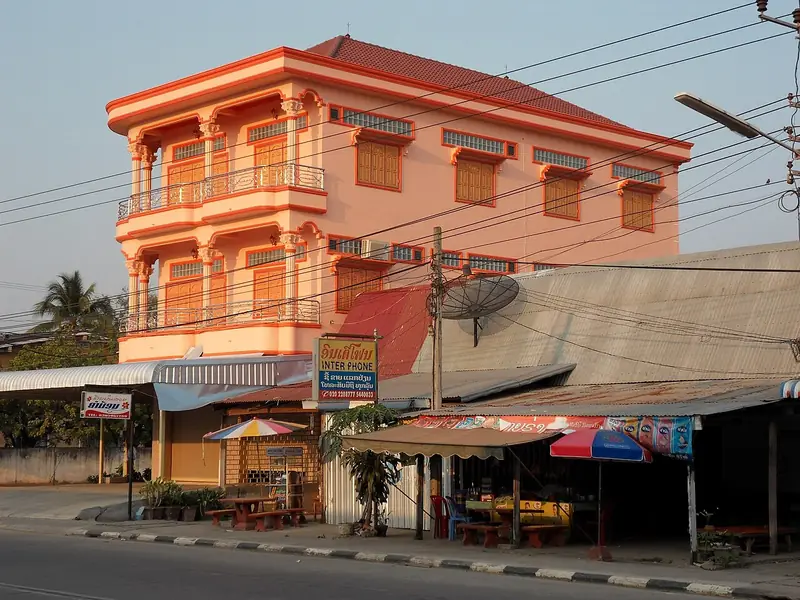 Pink-orange building at sunset in Savannakhet, Laos